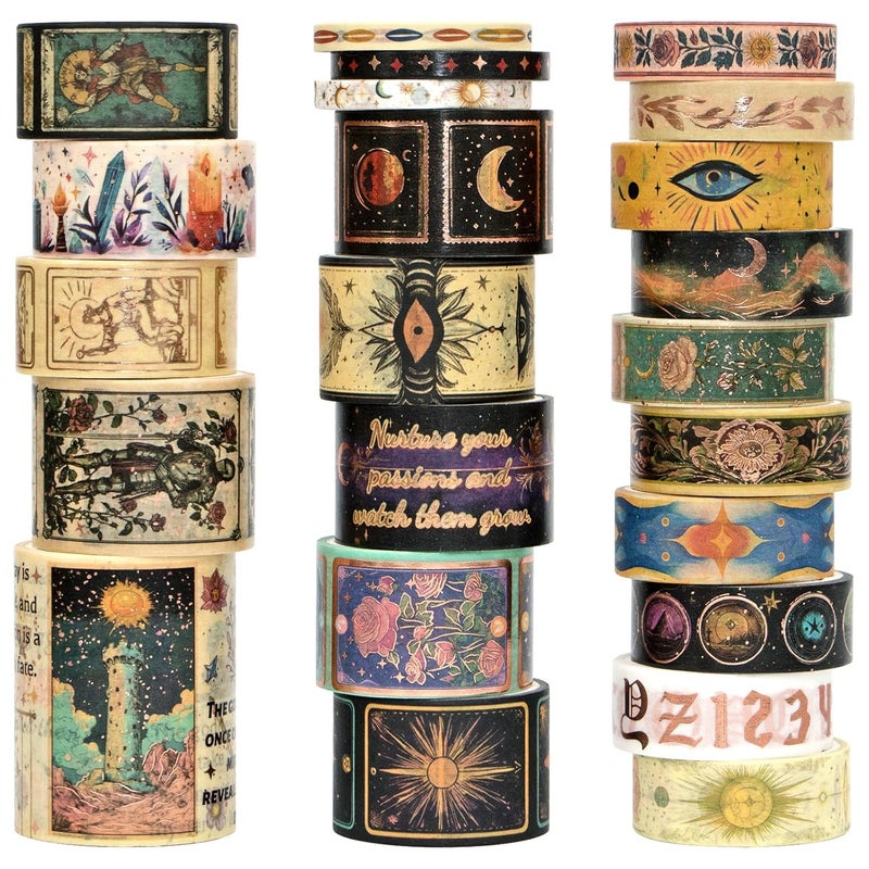 Geesinimo Gold Foil Washi Tape Set – 23 Rolls Tarot Washi Stickers Vintage Decorative Tapes for Journaling Supplies, Scrapbooking, DIY Crafts, Junk Journal, Craft Supplies(Celestial Symbols/ Starry/ Magic) - Image 1